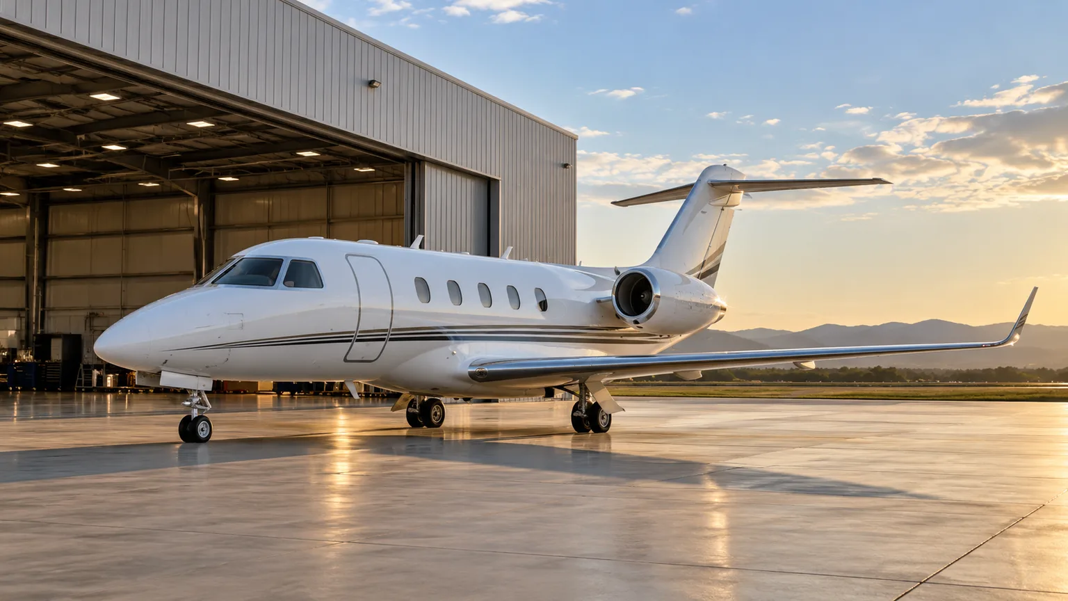 Illustration of a light business jet beside an open hangar.