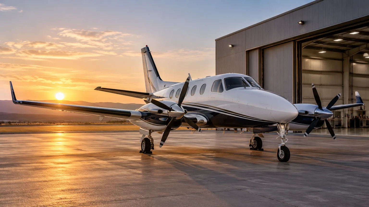 Illustration of a business turboprop outside a hangar at sunrise.