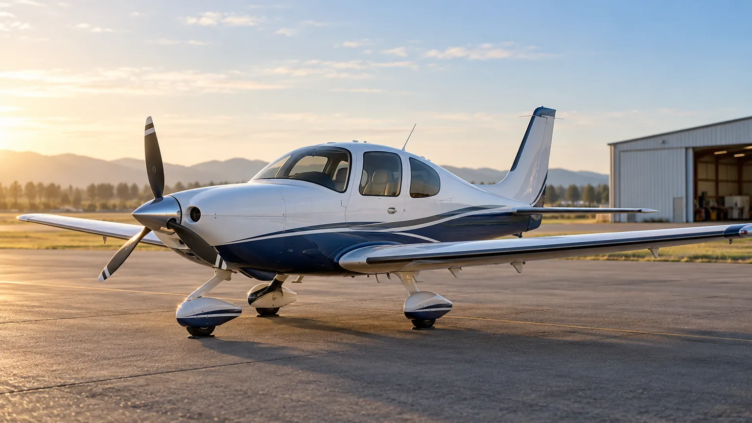 Illustration of a light piston aircraft on a quiet airport apron.