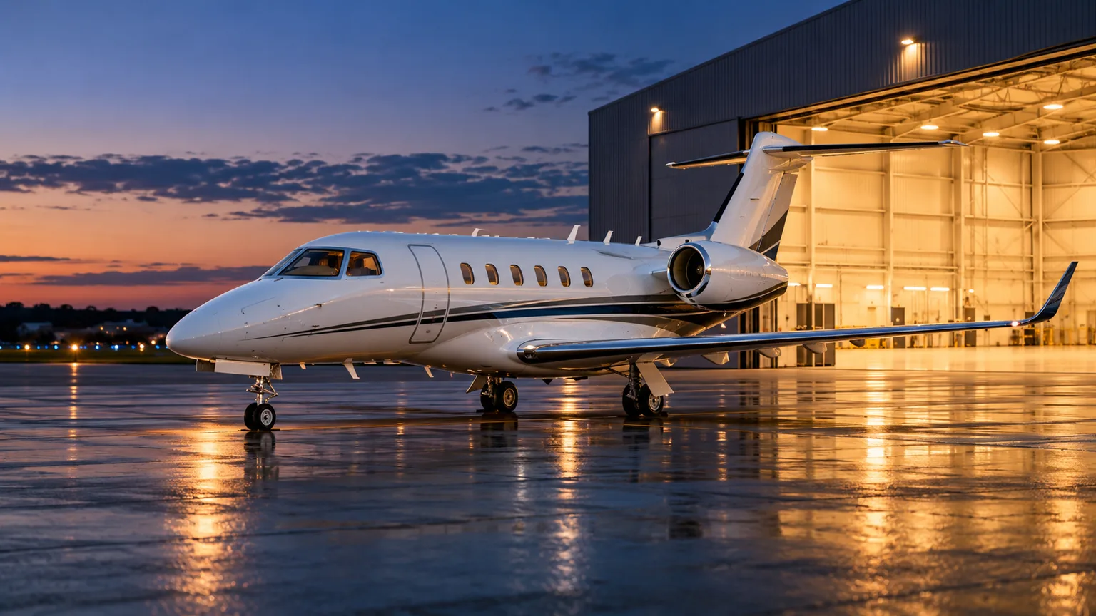 Illustration of a business jet parked on an apron at blue hour.