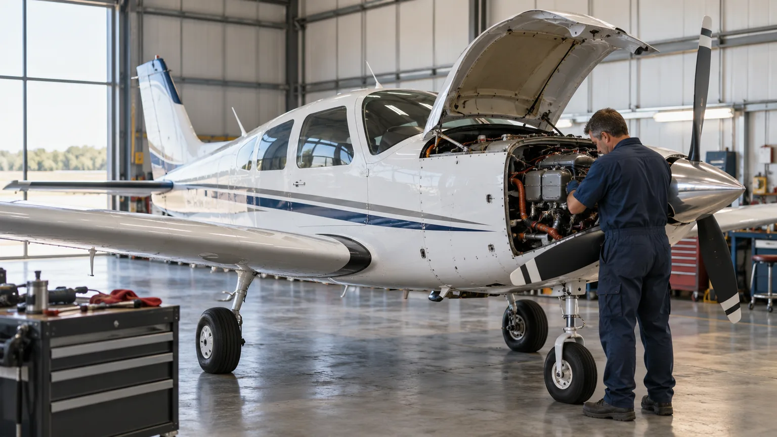 Illustration of a mechanic inspecting a piston aircraft in a maintenance hangar.
