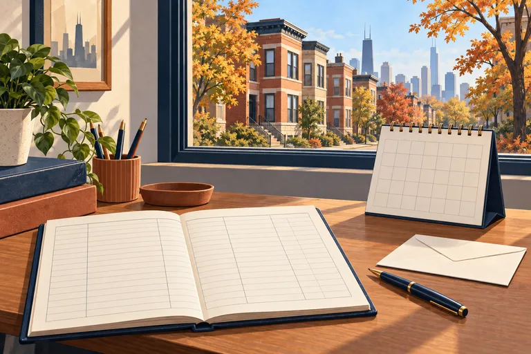 Chicago rental building with a calendar, rent ledger and documents prepared for review.
