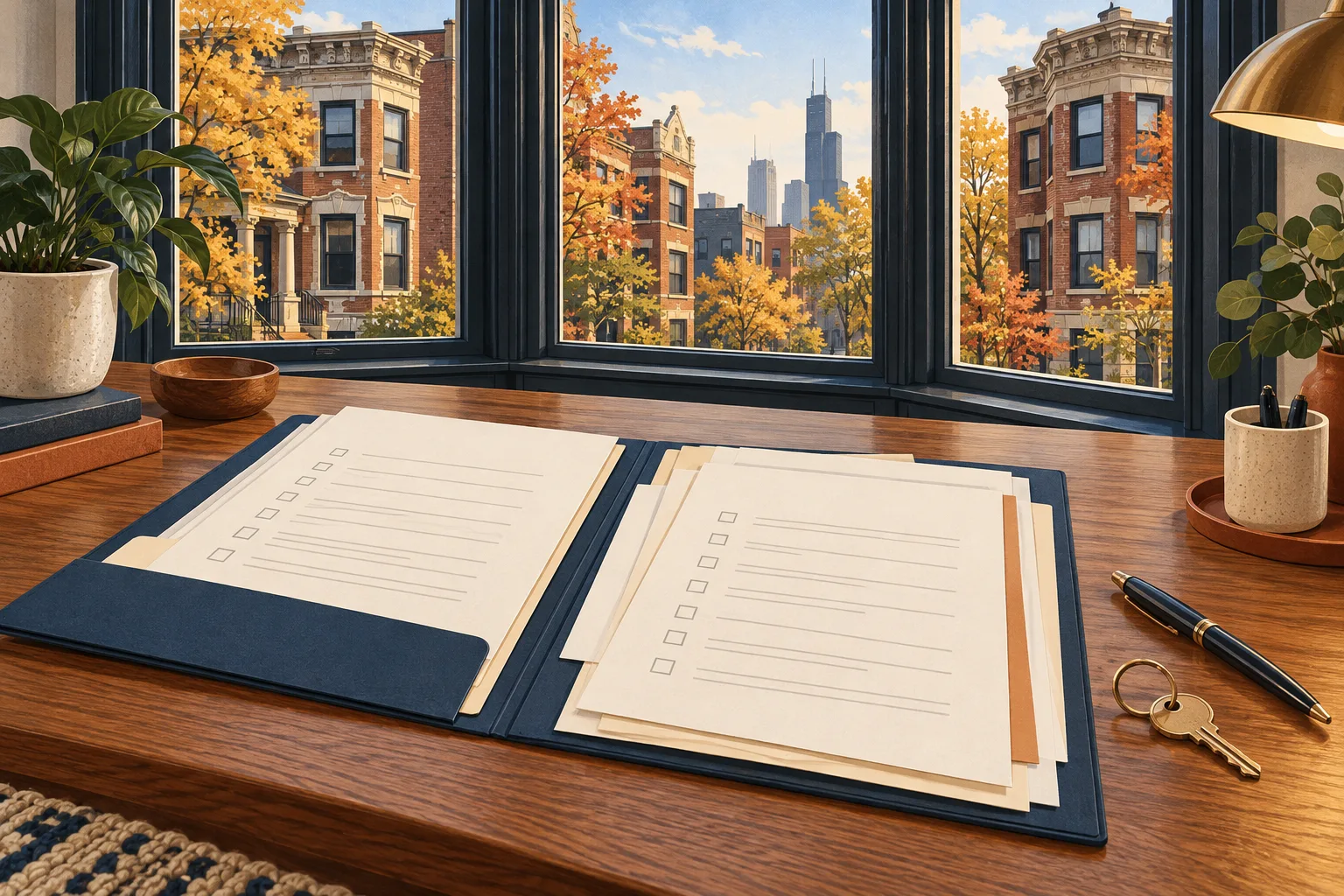 Lease folders, blank checklists and keys on a desk overlooking Chicago brick apartments.