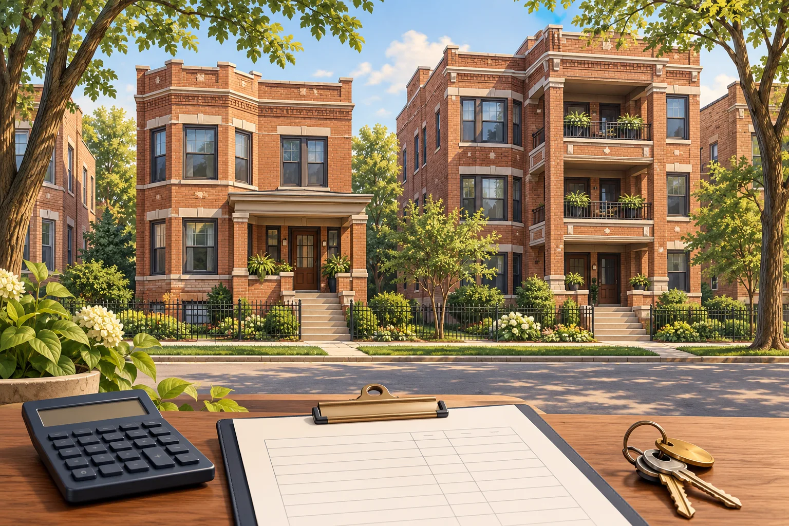 Chicago brick apartment buildings with a clipboard, calculator and rental keys.