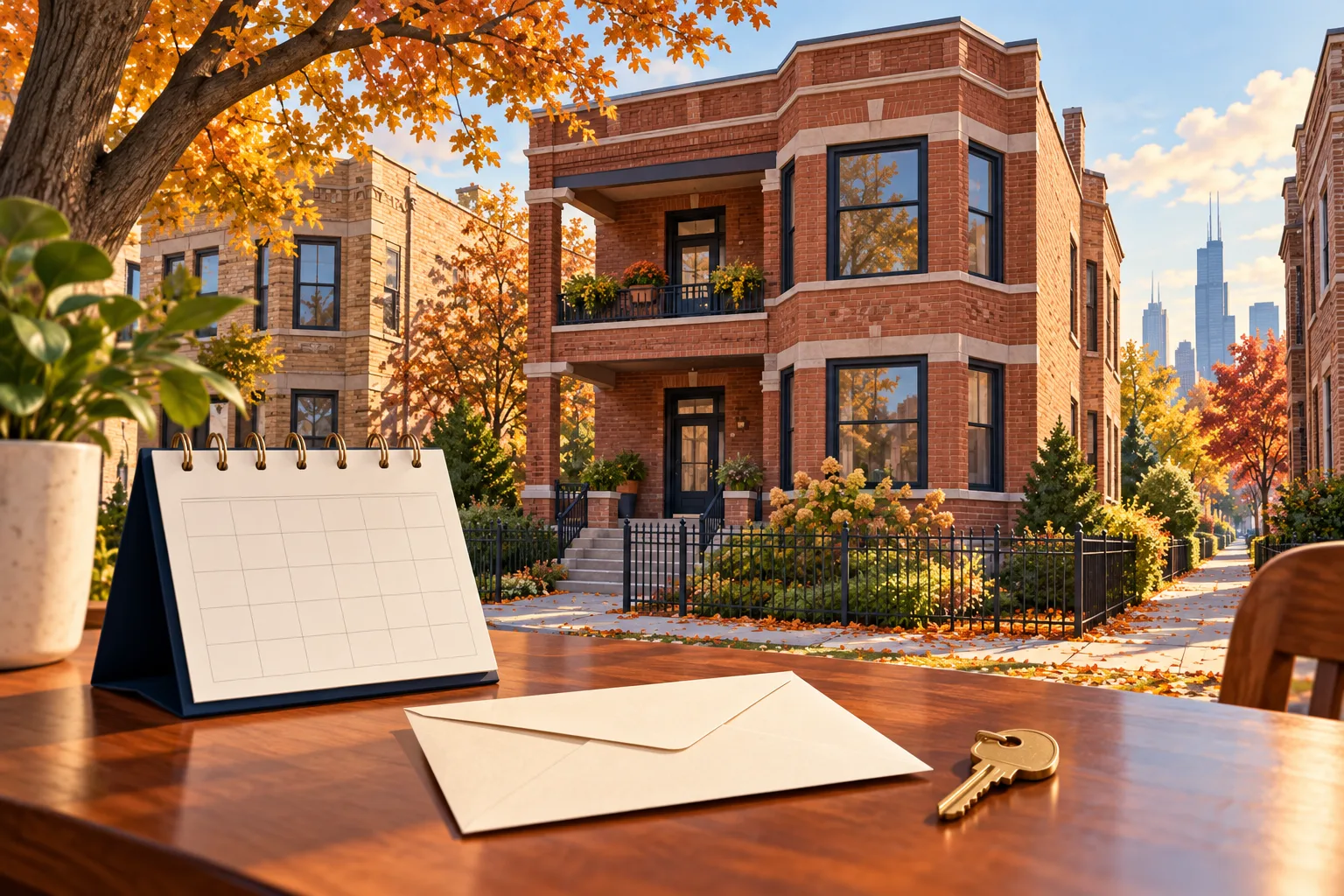 Chicago brick apartment building beside a desk with a lease, calendar and keys.
