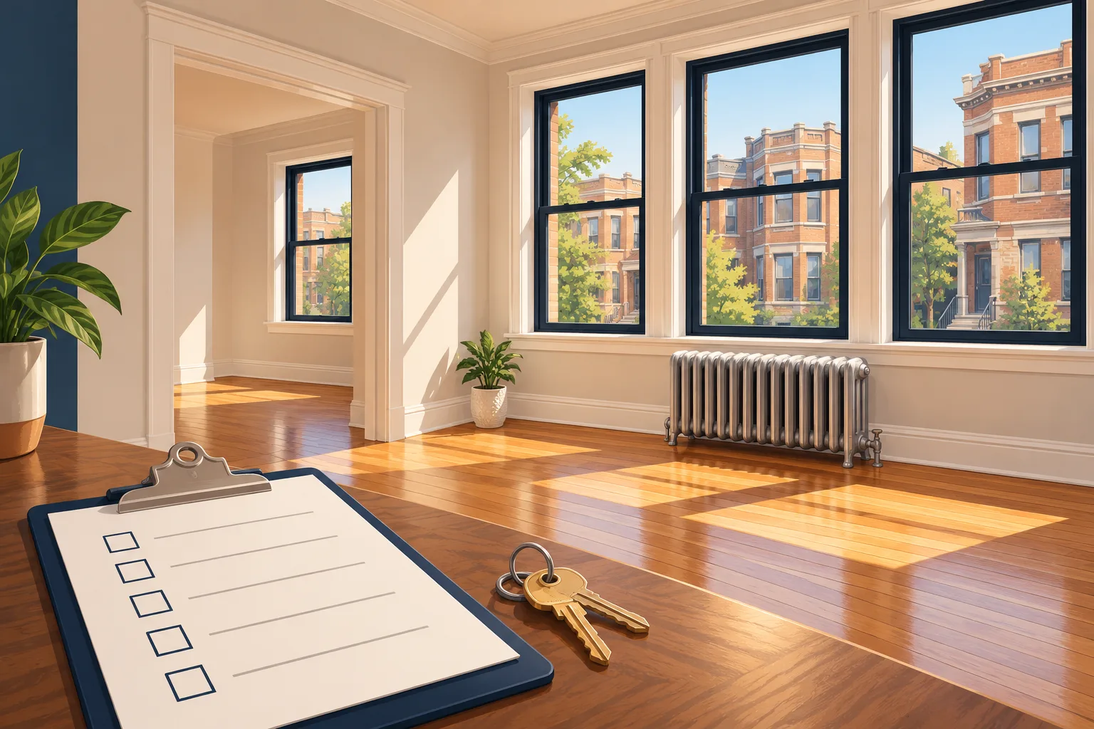 Welcoming Chicago rental home with keys and an inspection checklist.