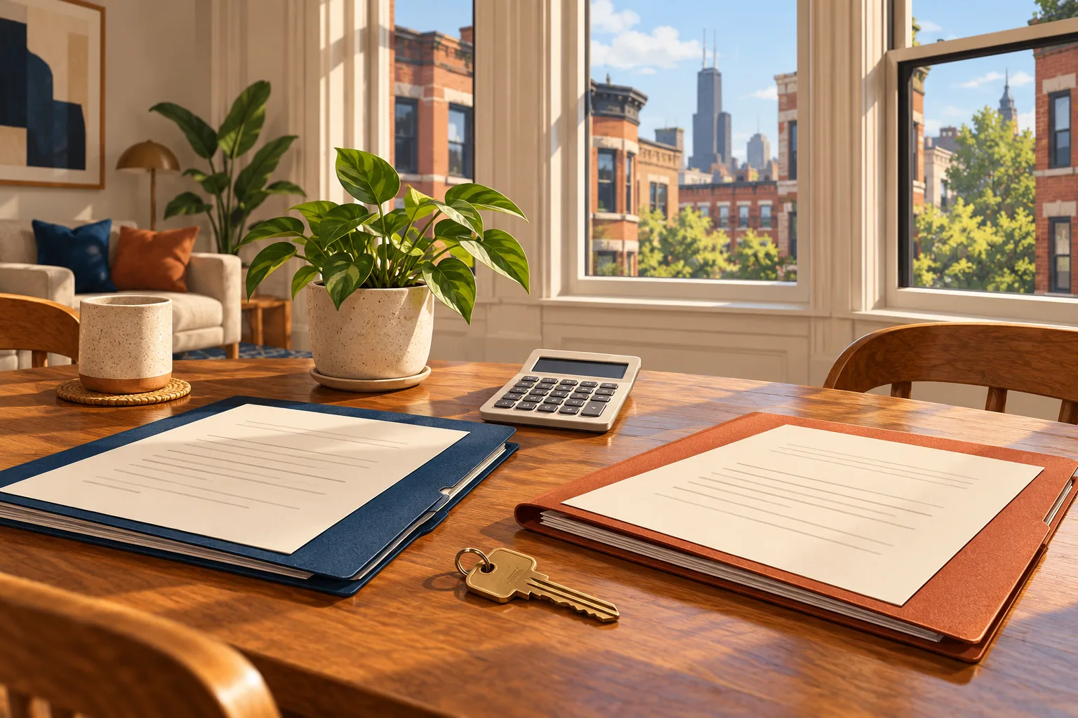 Organized rental deposit records, a calculator and keys beside a Chicago two-flat.