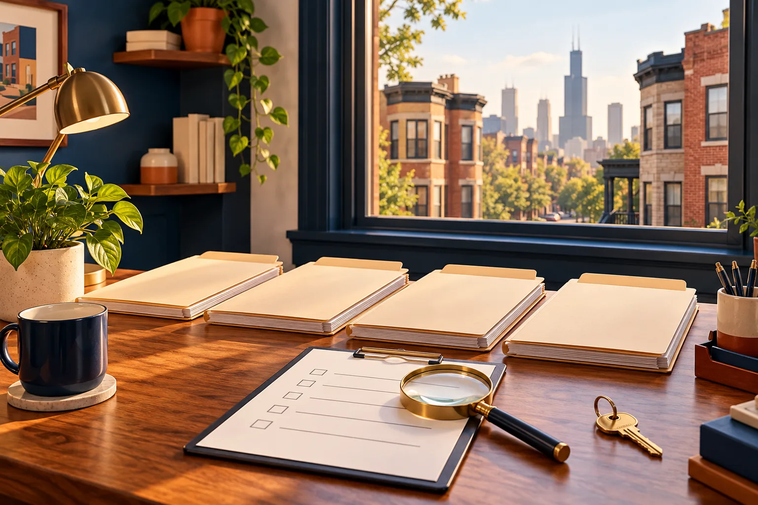 Rental application folders and a screening checklist overlooking Chicago apartments.