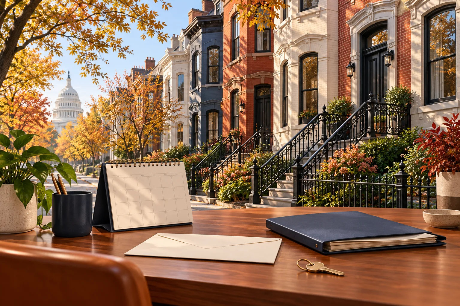 A blank calendar, envelope, folder and key beside a Washington DC rowhouse view.