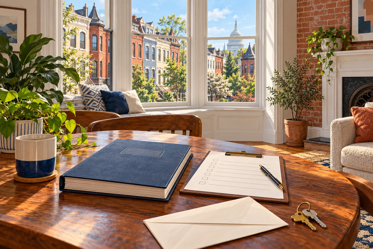 A navy ledger, blank clipboard, envelope and keys with a Washington DC rowhouse view.