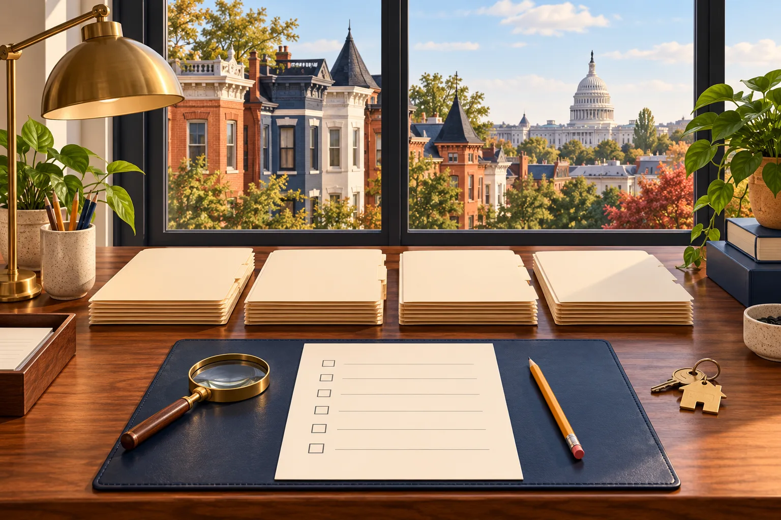 Matching folders, a blank screening checklist, magnifying glass and key in a Washington DC rental setting.
