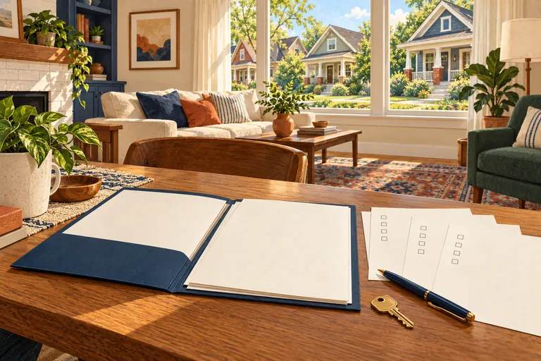 An open folder, lease checklist, pen and key on a desk overlooking an Indiana bungalow.