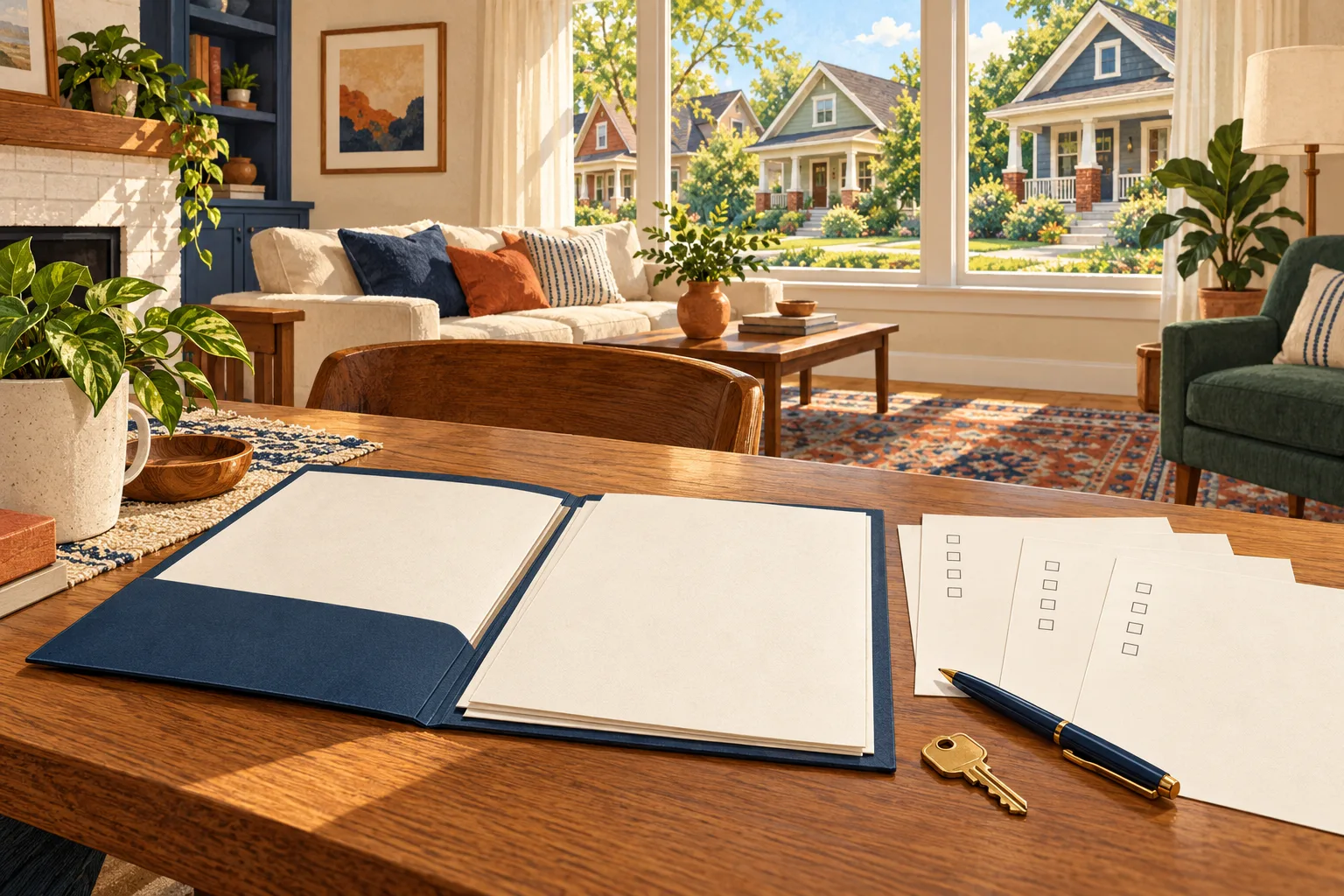 An open folder, lease checklist, pen and key on a desk overlooking an Indiana bungalow.