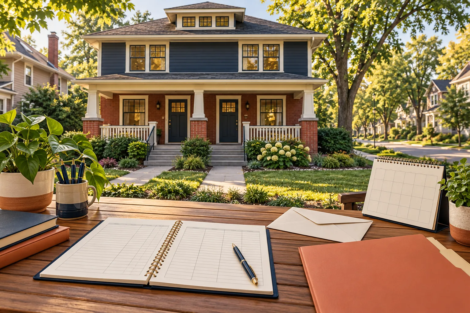 A rent ledger, calendar and envelope on a desk overlooking an Indiana duplex.