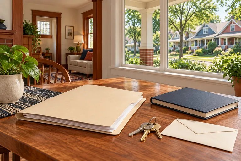 A closed navy ledger, folders, keys and envelope arranged for Indiana rental deposit records.