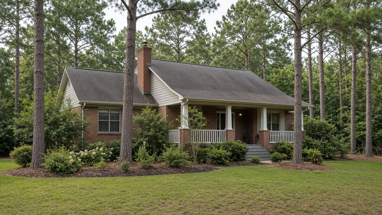 Brick duplex rental on a tree-lined Durham, North Carolina street with a coastal cottage on stilts visible in the distance