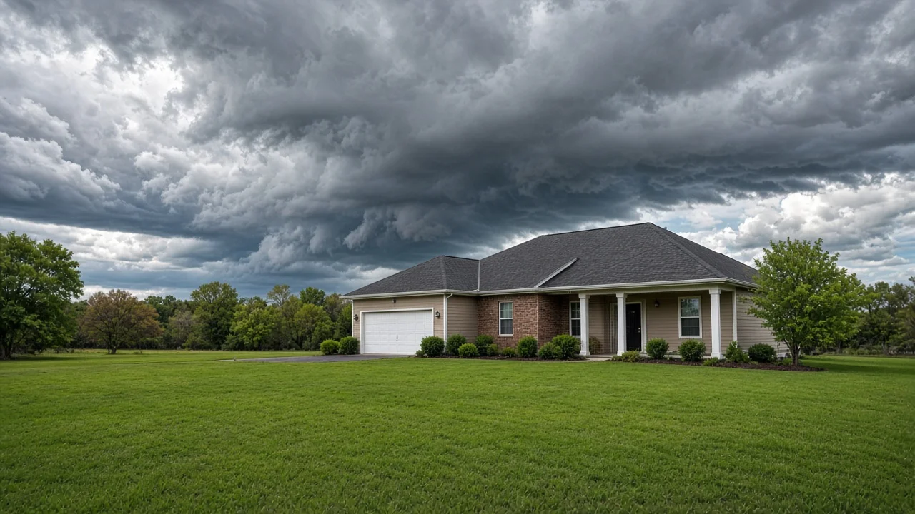 Brick ranch rental home in an Oklahoma City neighborhood with a dramatic supercell thunderstorm building over the plains behind it