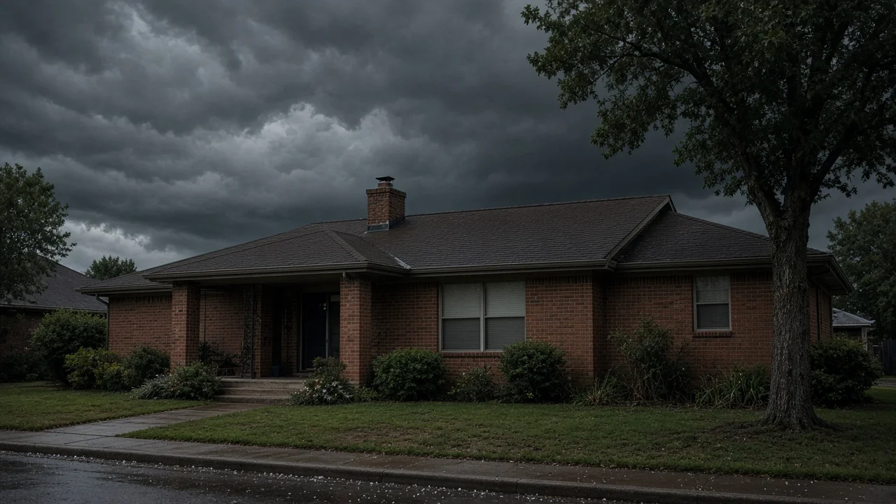 Single-story brick ranch rental home in a Dallas–Fort Worth suburb under a dark, hail-laden Texas thunderstorm sky