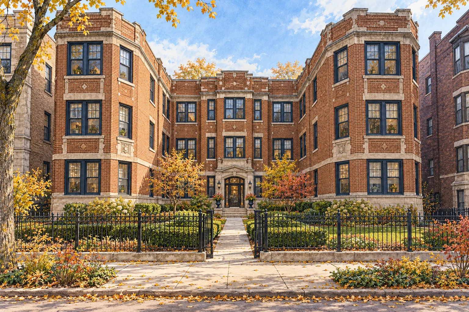 Architectural illustration of a Chicago brick courtyard apartment building