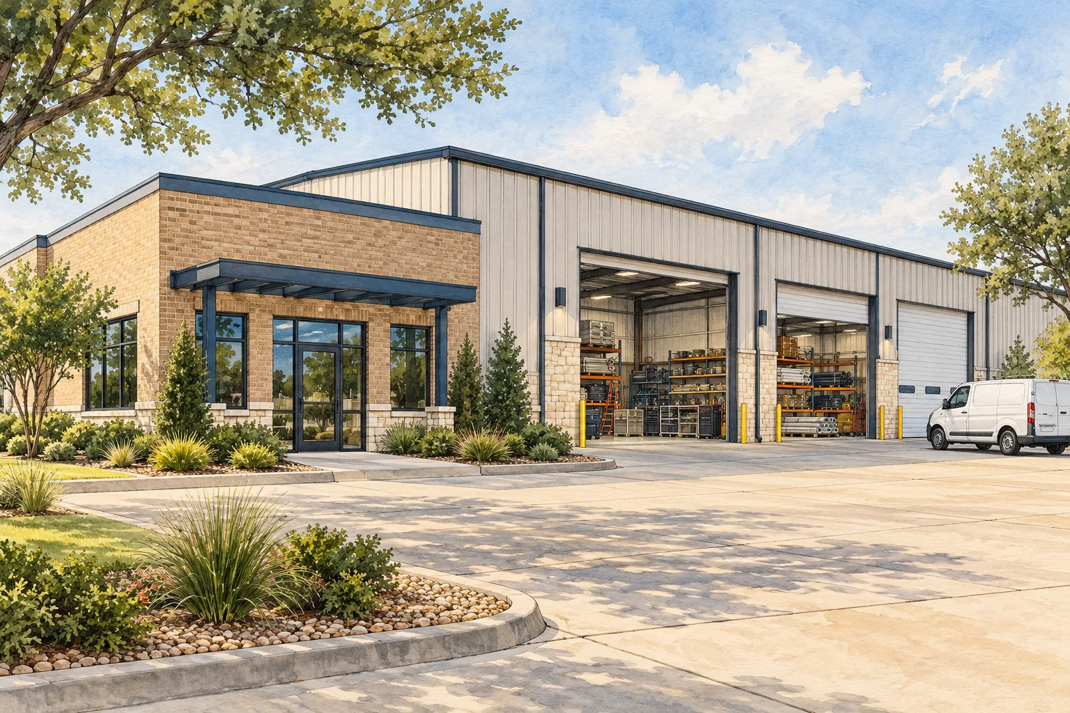 Illustration of a Dallas–Fort Worth business warehouse with loading doors and a small office entrance