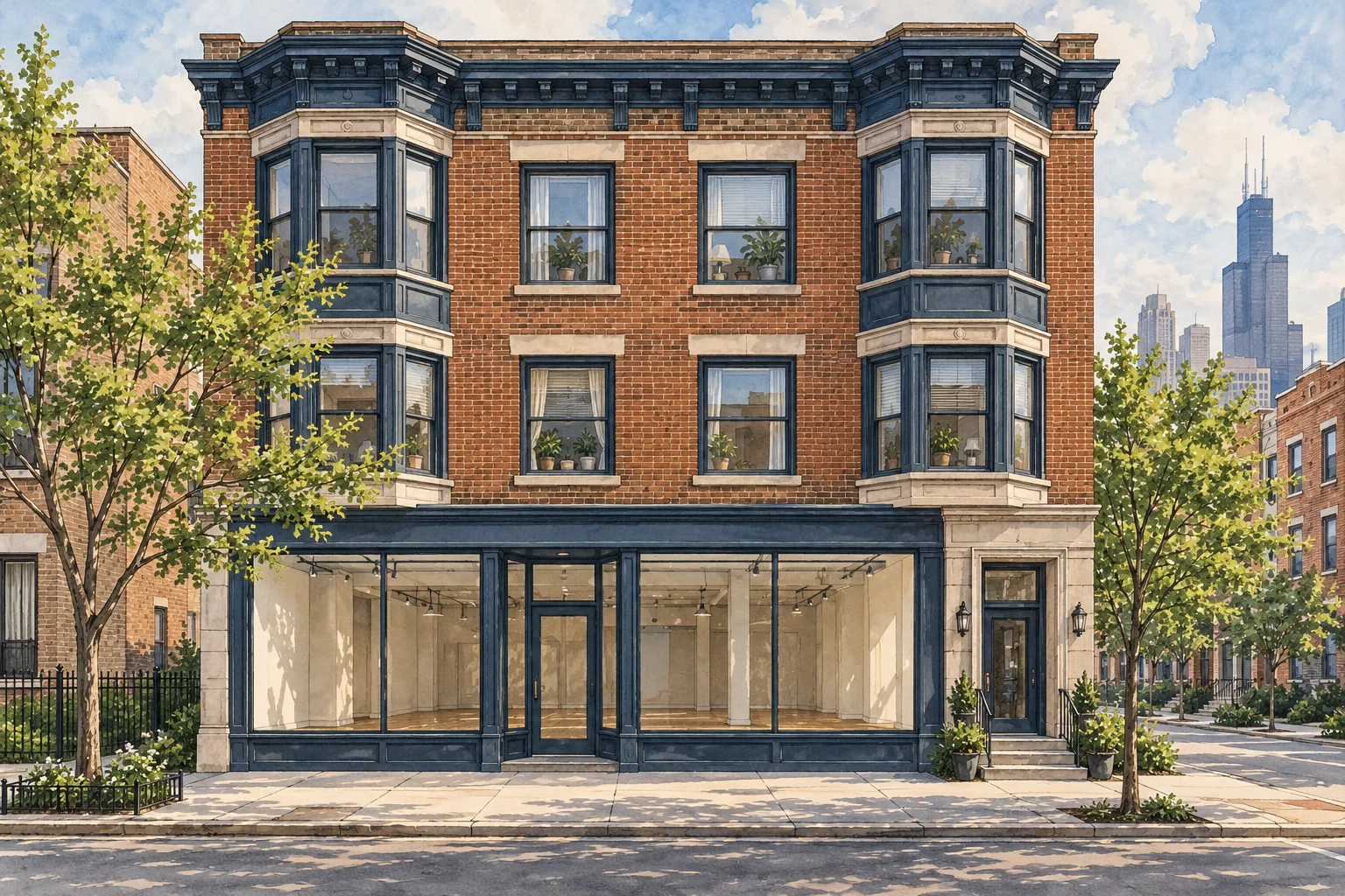 Illustration of a Chicago brick building with apartments above an empty street-level storefront