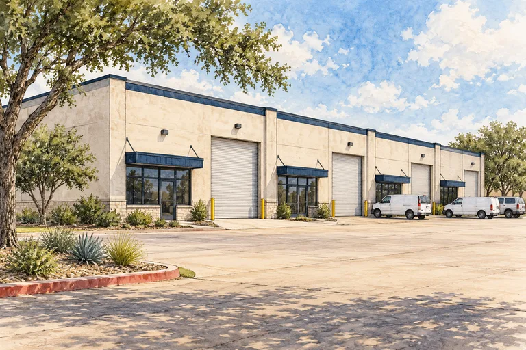 Illustration of a Dallas Fort Worth small-bay industrial building with roll-up doors and office entrances