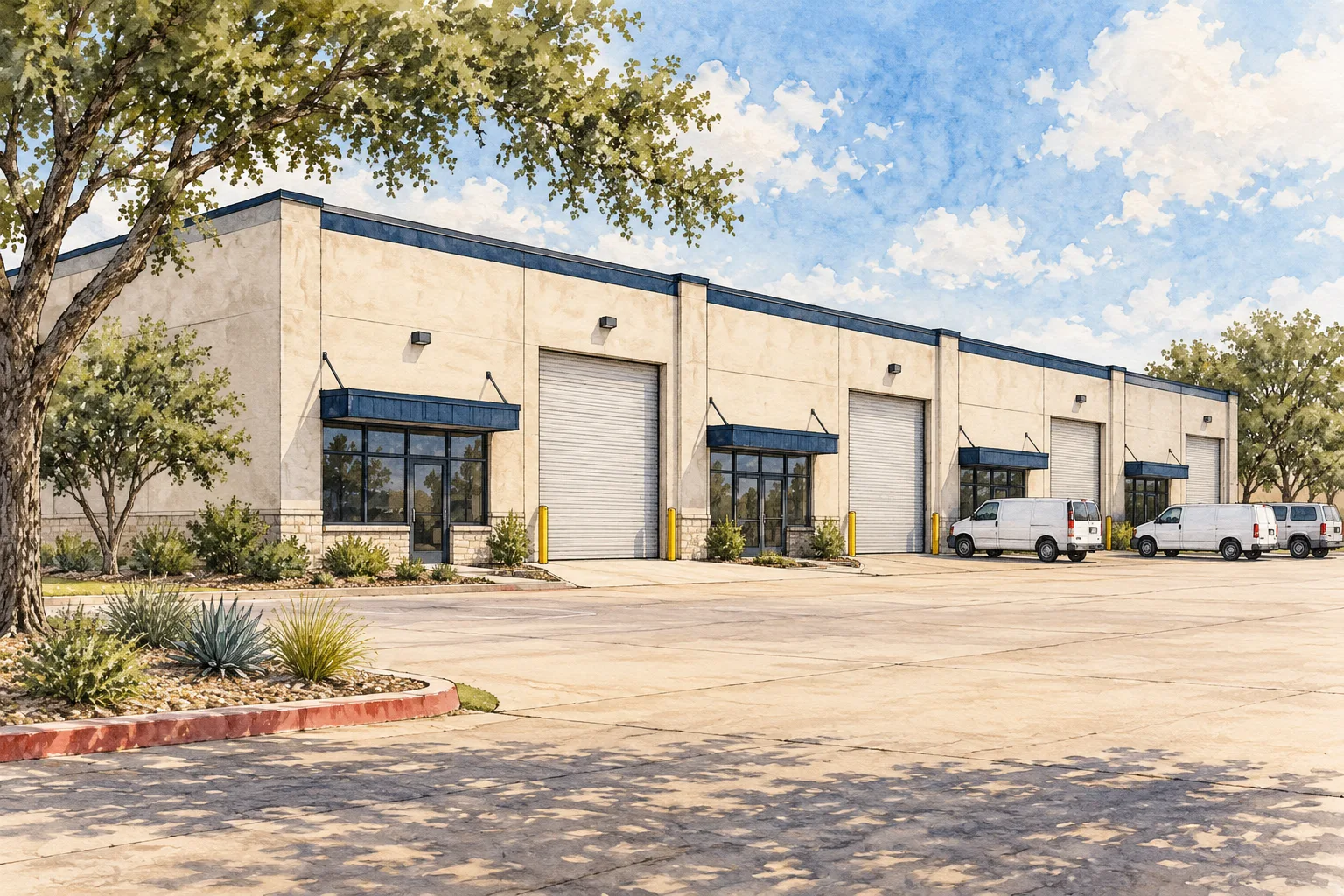 Illustration of a Dallas Fort Worth small-bay industrial building with roll-up doors and office entrances