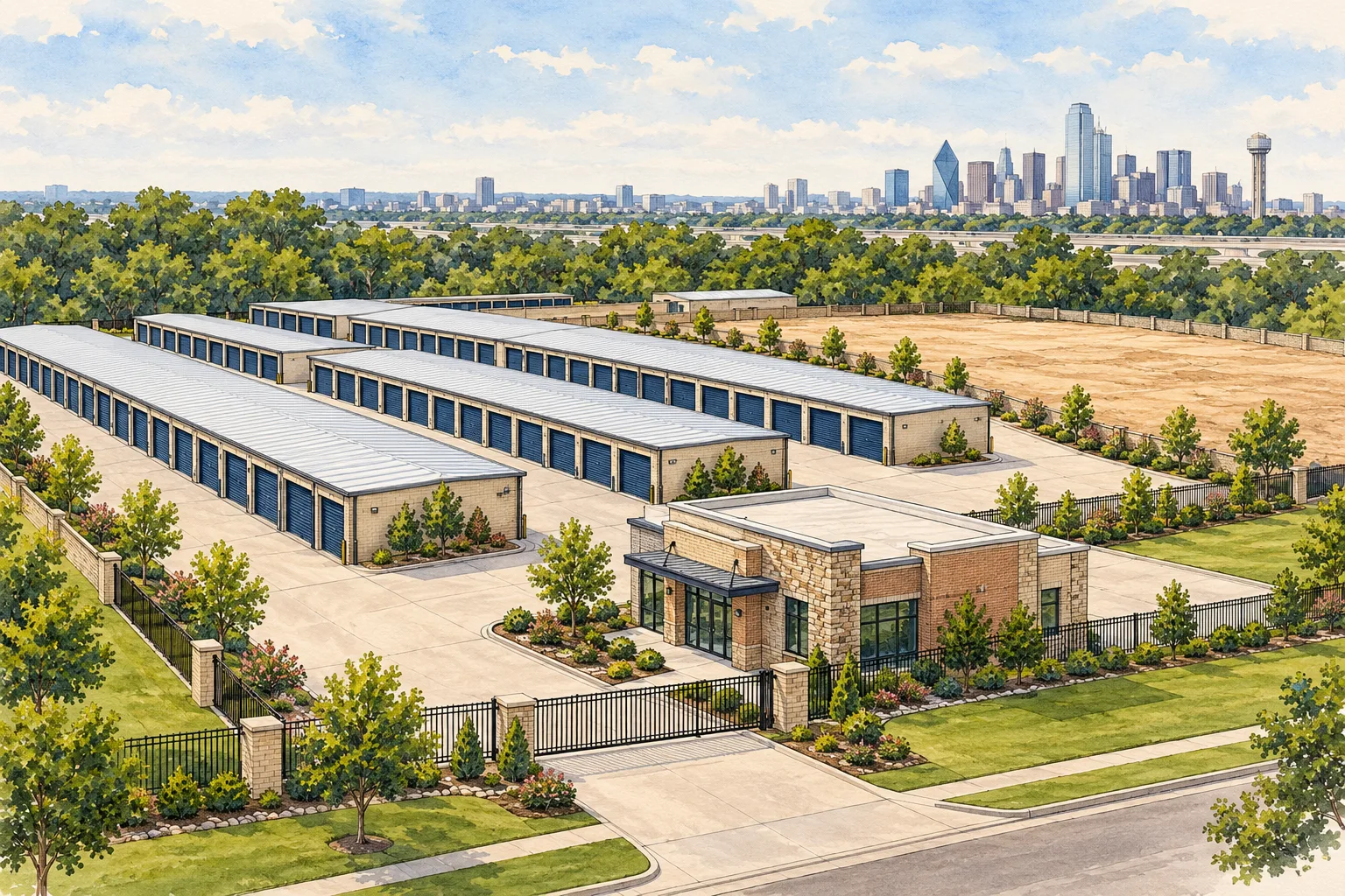 Illustration of a DFW self-storage facility with rows of units and an adjoining expansion area