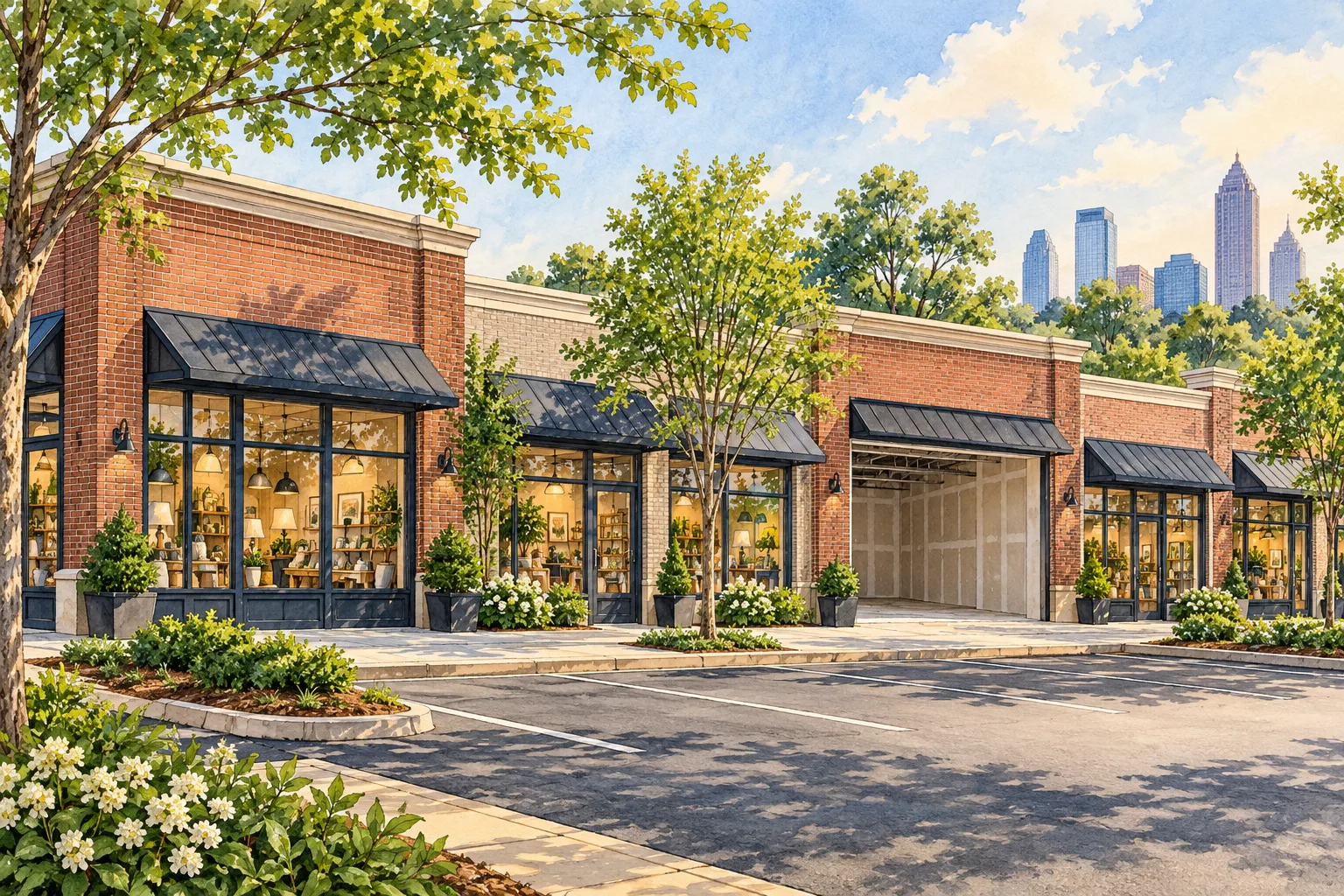 Illustration of an Atlanta brick strip center with one empty bay awaiting tenant improvements