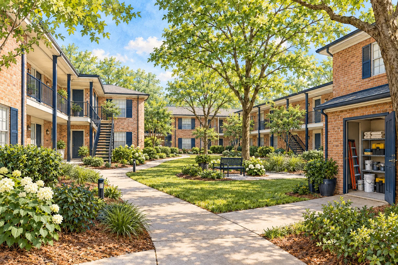 Illustration of an Atlanta garden apartment community with renovated buildings around a landscaped courtyard