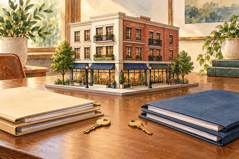Illustration of a commercial building model beside two sets of folders and two keys