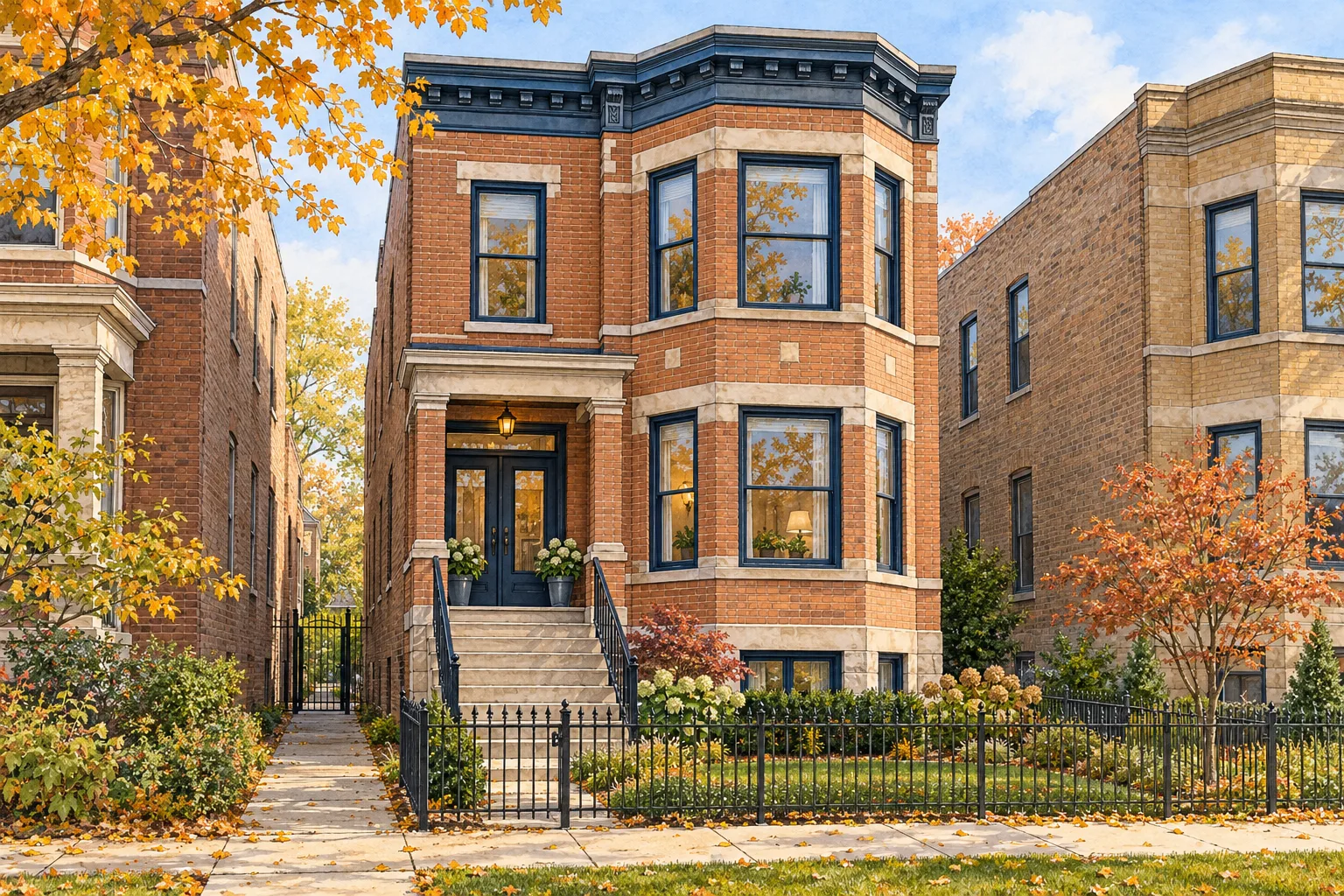 Architectural illustration of a Chicago brick two-flat with stacked bay windows and a front stoop