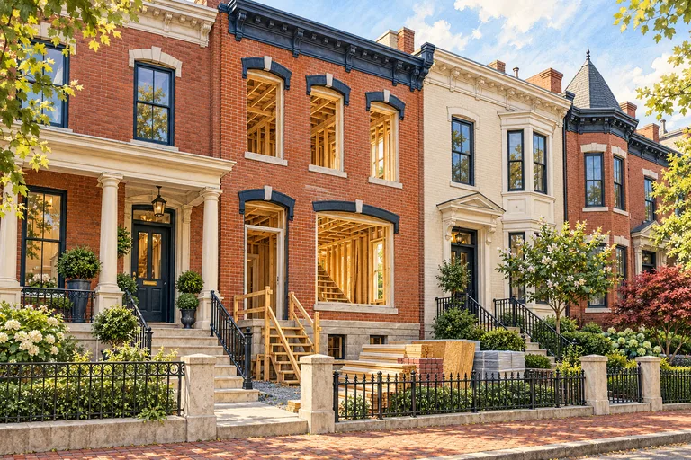 Illustration of a Washington DC brick rowhouse with interior renovation work visible