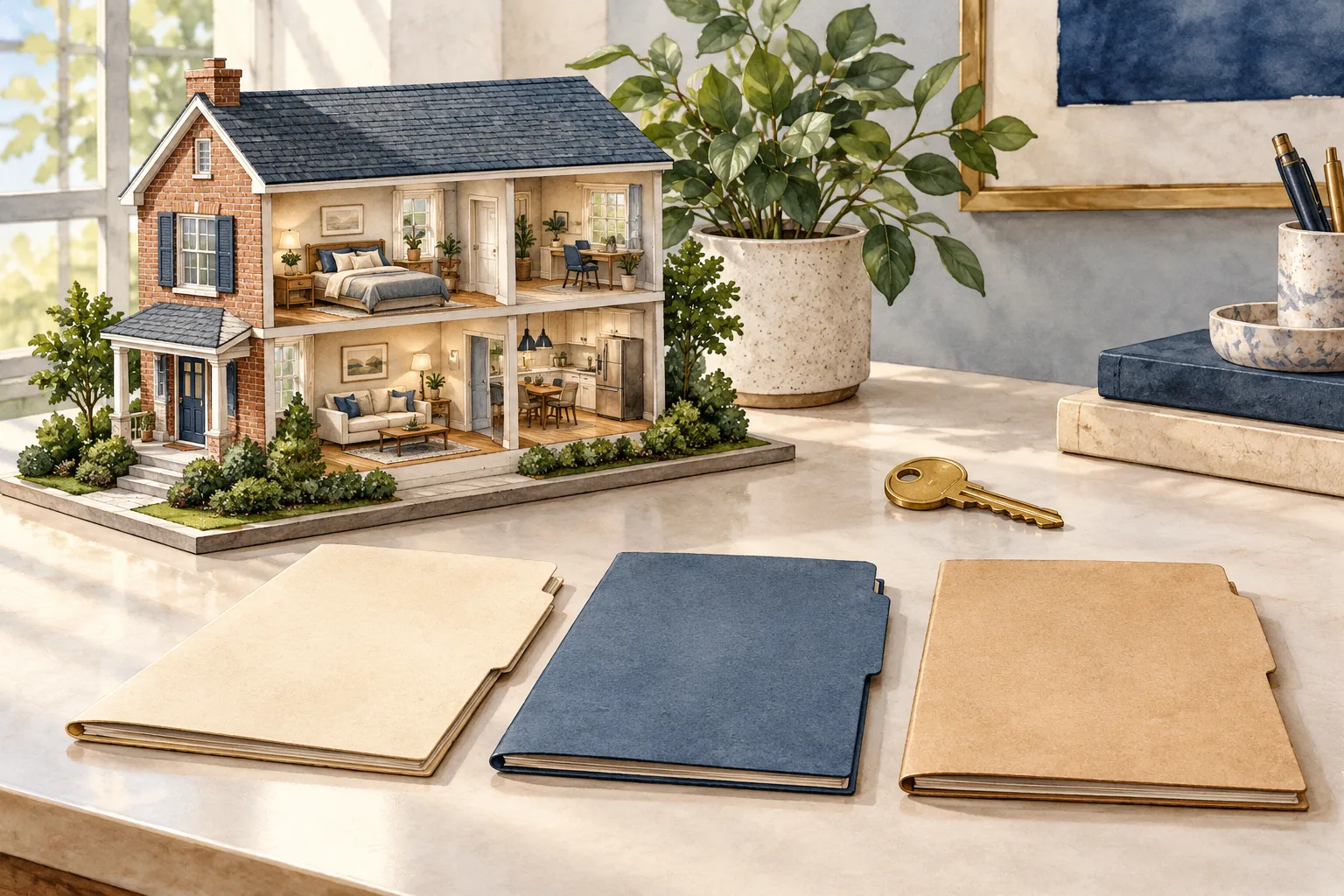 Illustration of a rental house model, three loan folders, and a house key
