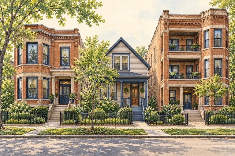 Watercolor illustration of three distinct Chicago rental buildings on a tree-lined street