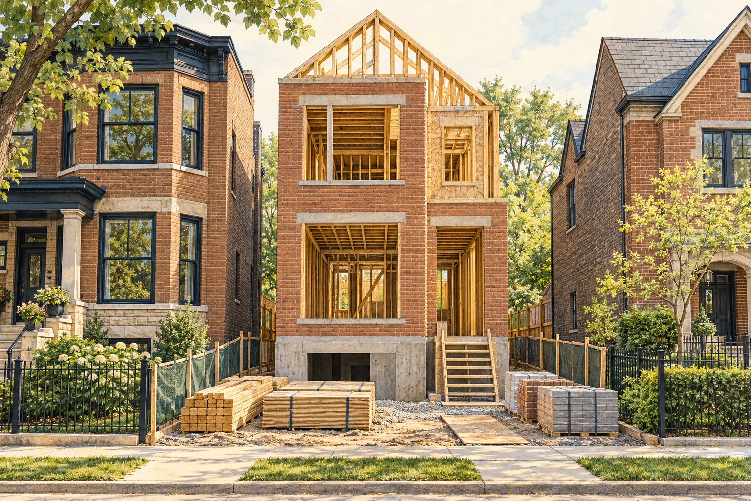 Illustration of a narrow Chicago infill home under construction between existing houses