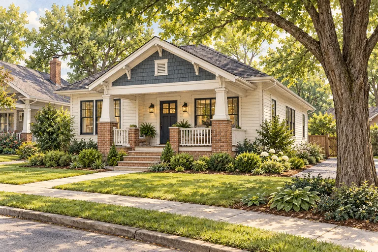 Illustration of a renovated Atlanta bungalow with a front porch and mature trees
