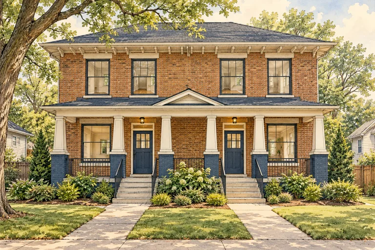 Illustration of a vacant Atlanta duplex with two separate front doors and a shared porch