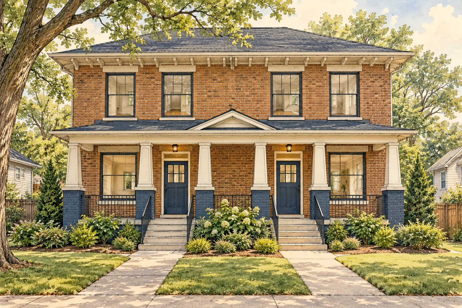 Illustration of a vacant Atlanta duplex with two separate front doors and a shared porch