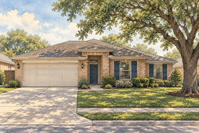 Illustration of a modest Dallas-Fort Worth brick rental home shaded by a mature oak