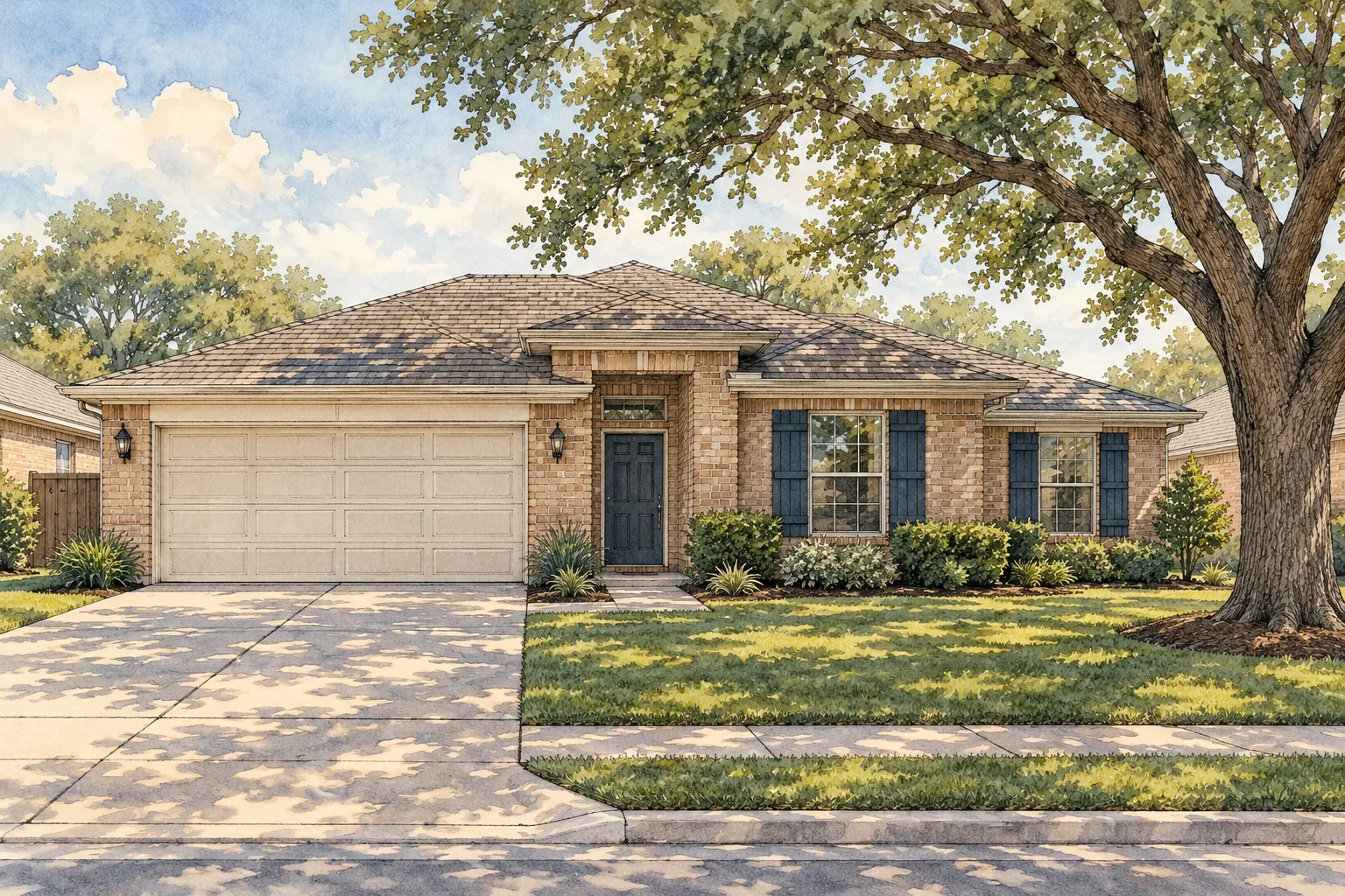Illustration of a modest Dallas-Fort Worth brick rental home shaded by a mature oak