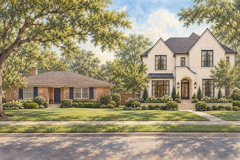 Architectural illustration comparing a modest brick ranch and a larger new DFW home