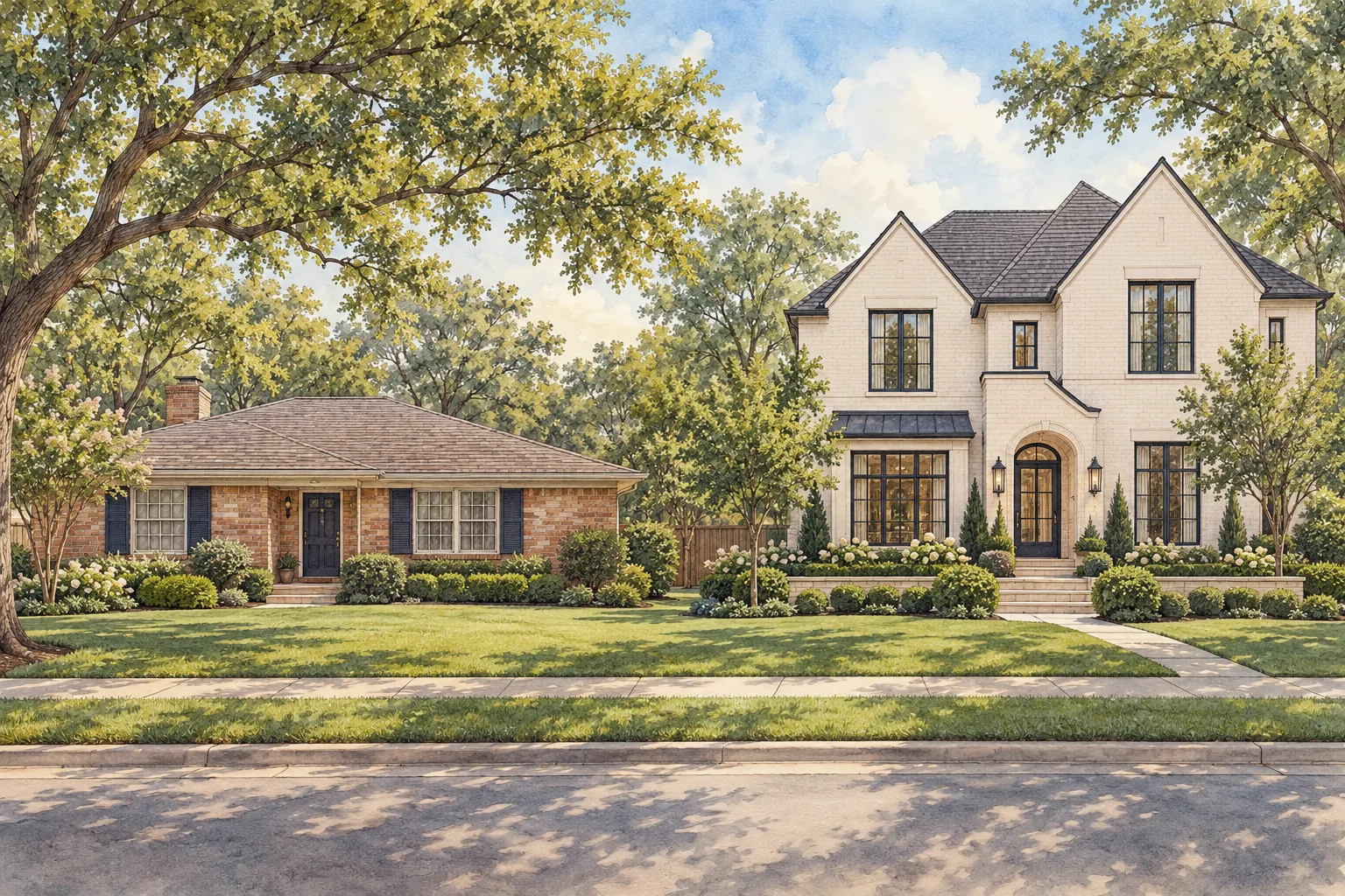 Architectural illustration comparing a modest brick ranch and a larger new DFW home