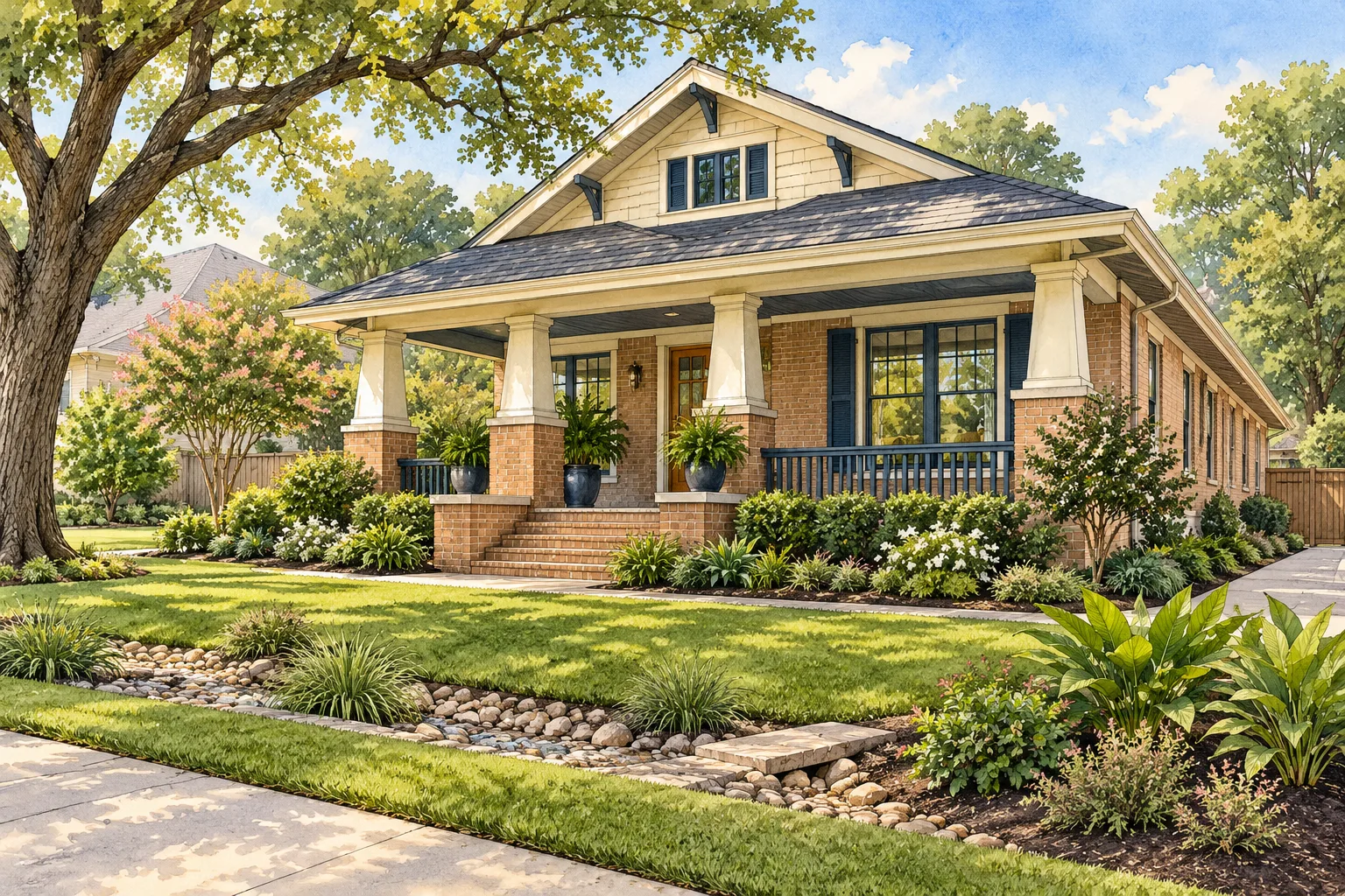 Illustration of a Houston rental home with a shaded porch, landscaped yard, and drainage swale