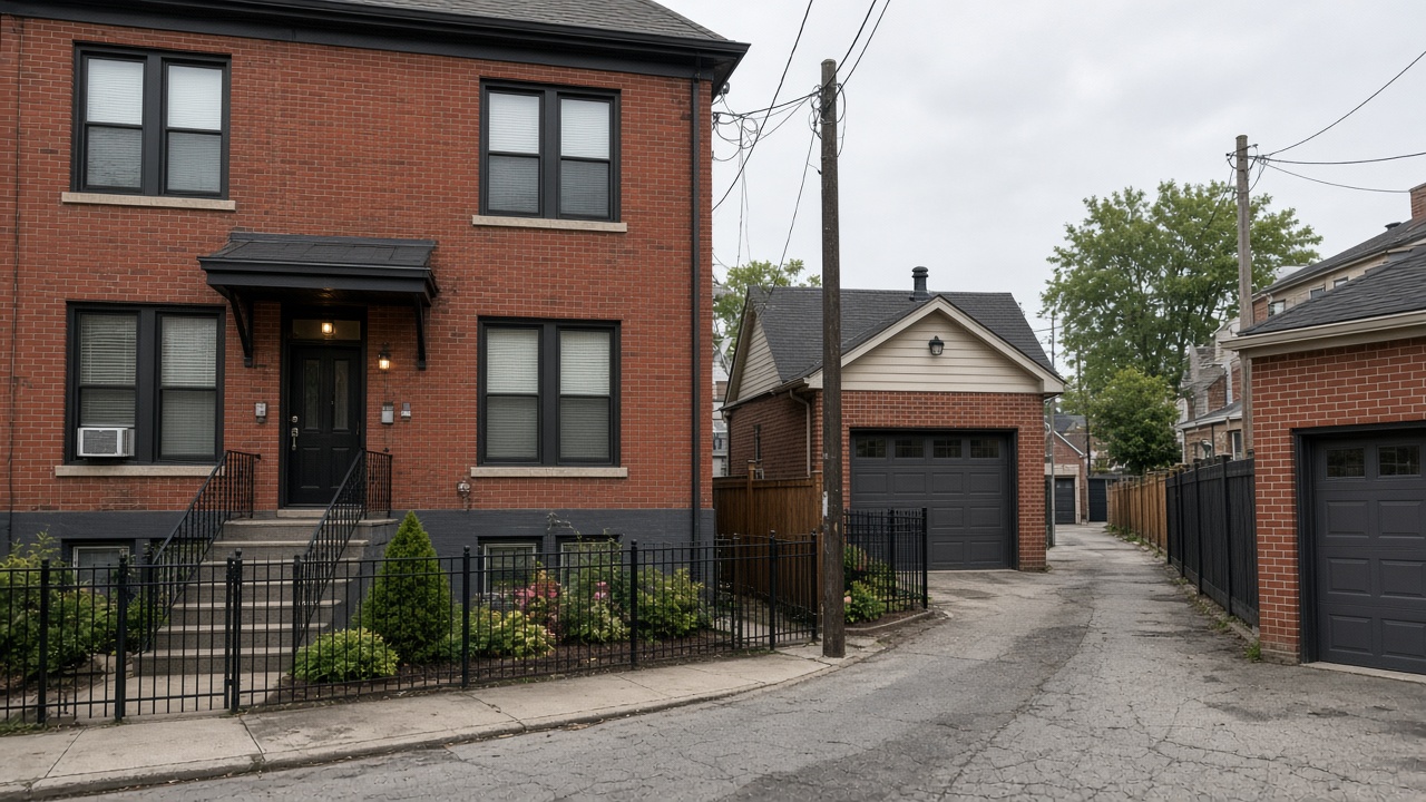 Renovated Chicago two-flat with new detached coach house ADU along a paved alley in the rear yard