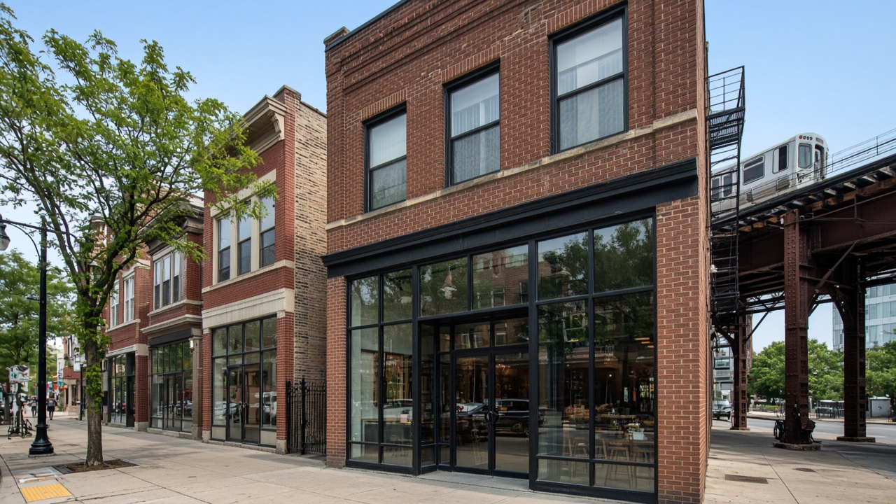 Chicago neighborhood commercial corridor with ground-floor retail and residential above near elevated transit, illustrating B and C district mixed-use character