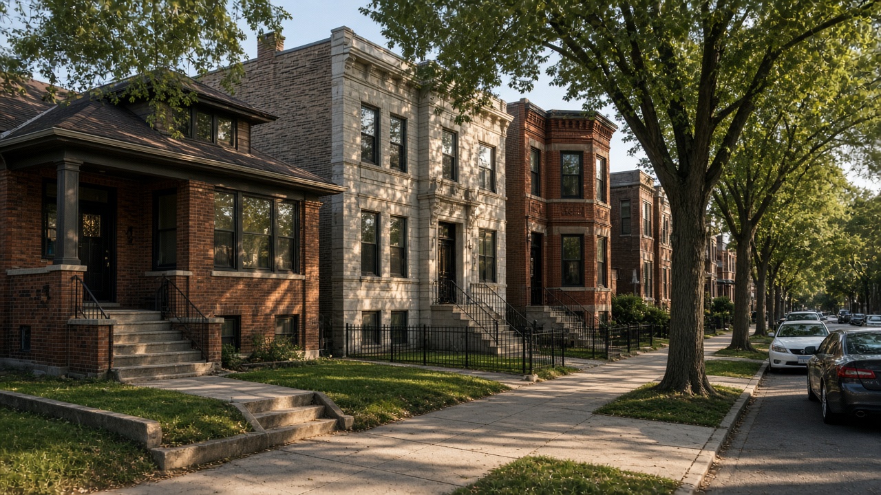 Chicago residential street showing bungalow, greystone two-flat, and brick three-flat illustrating different residential zoning density tiers