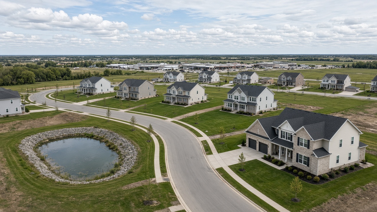 Suburban Illinois collar county subdivision with wide setbacks, new homes, and stormwater detention contrasted with dense city infill