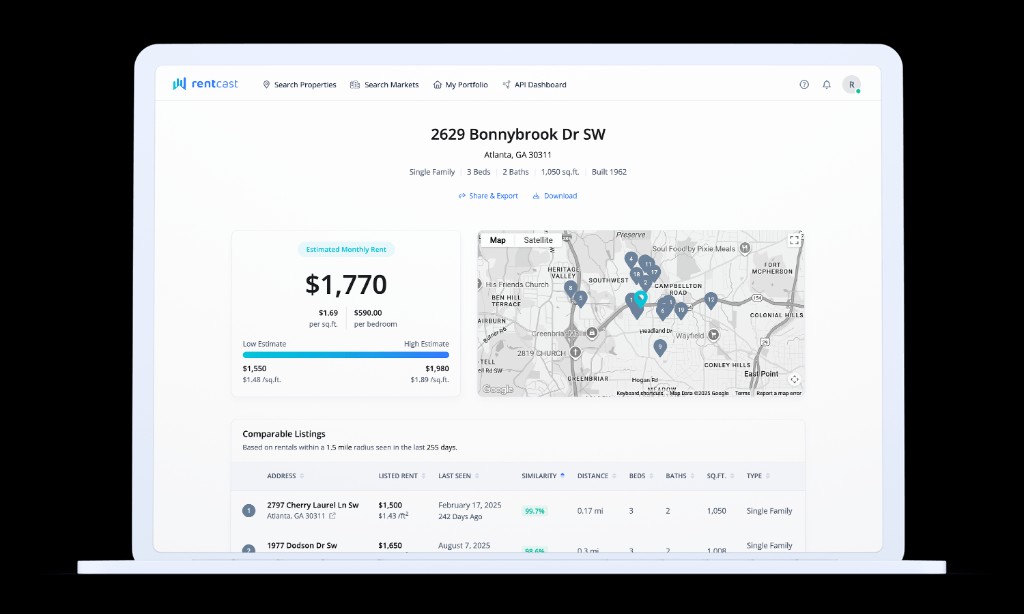 RentCast rent estimate with comparable rentals and similarity scores for DSCR underwriting