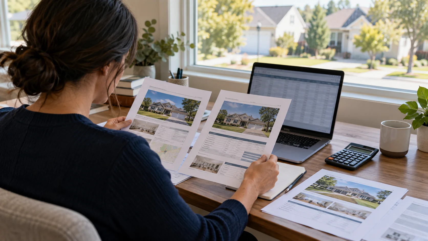 Illustrative analyst organizing property reports beside a laptop and calculator.
